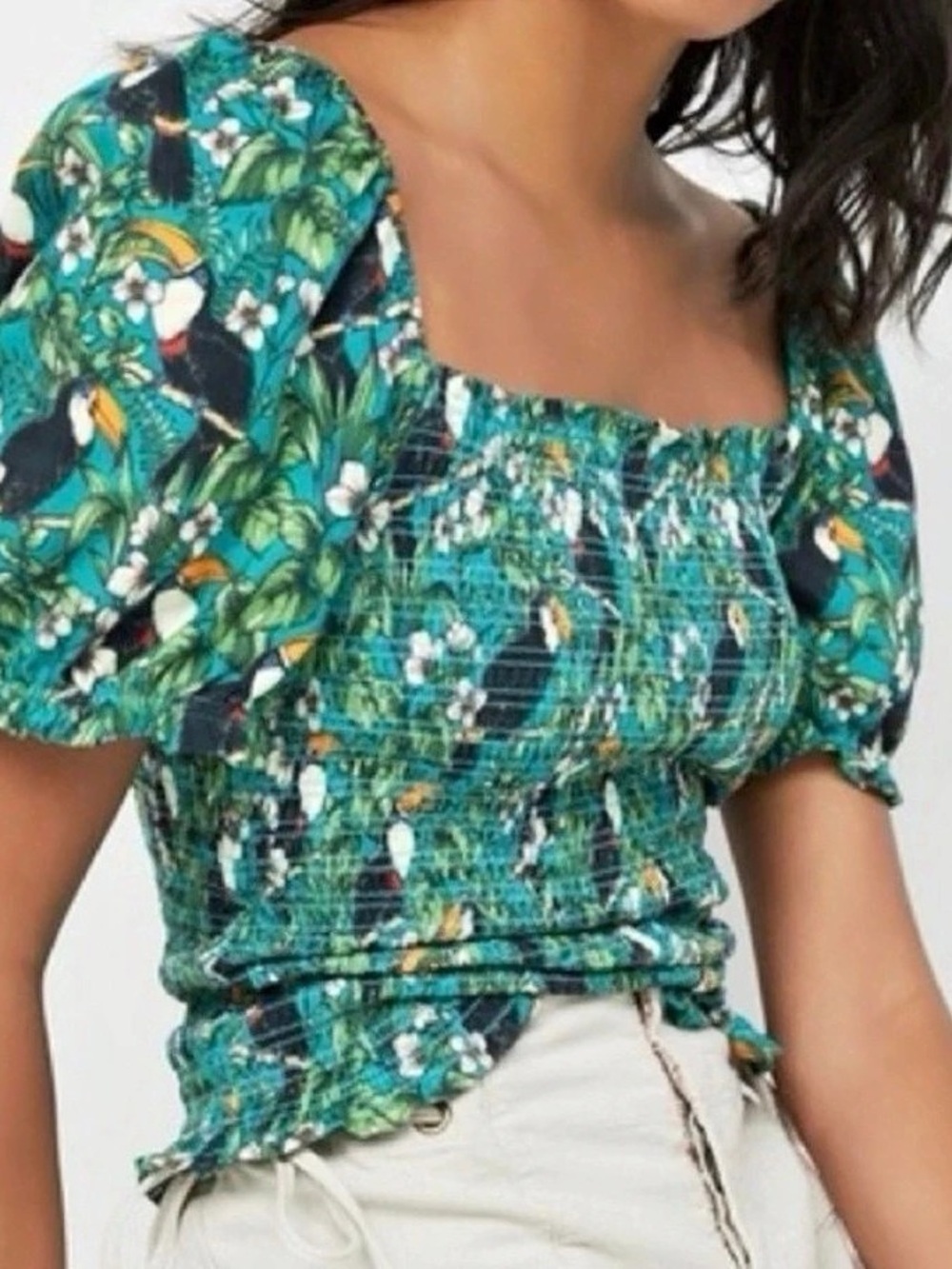 Dolan West Coast Collection Floral Smocked Short Sleeve Top in Green & Blue Like